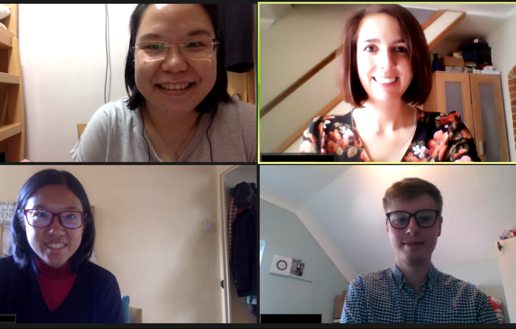 The lab in fall 2020: Lily, Vanessa, David, and Dawn (clockwise from top-left)